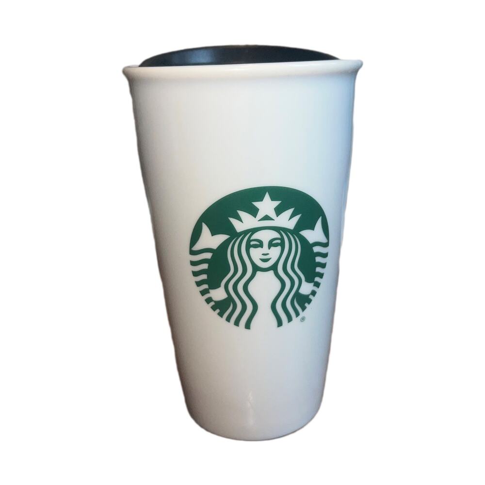 Starbucks Ceramic Travel Mug Black Lid Tumbler White 12oz 2016 Cup Mug